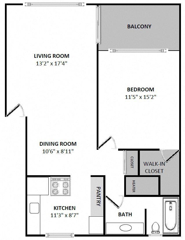 Floor plan for 1 bed, 1 bath, 850 sqft